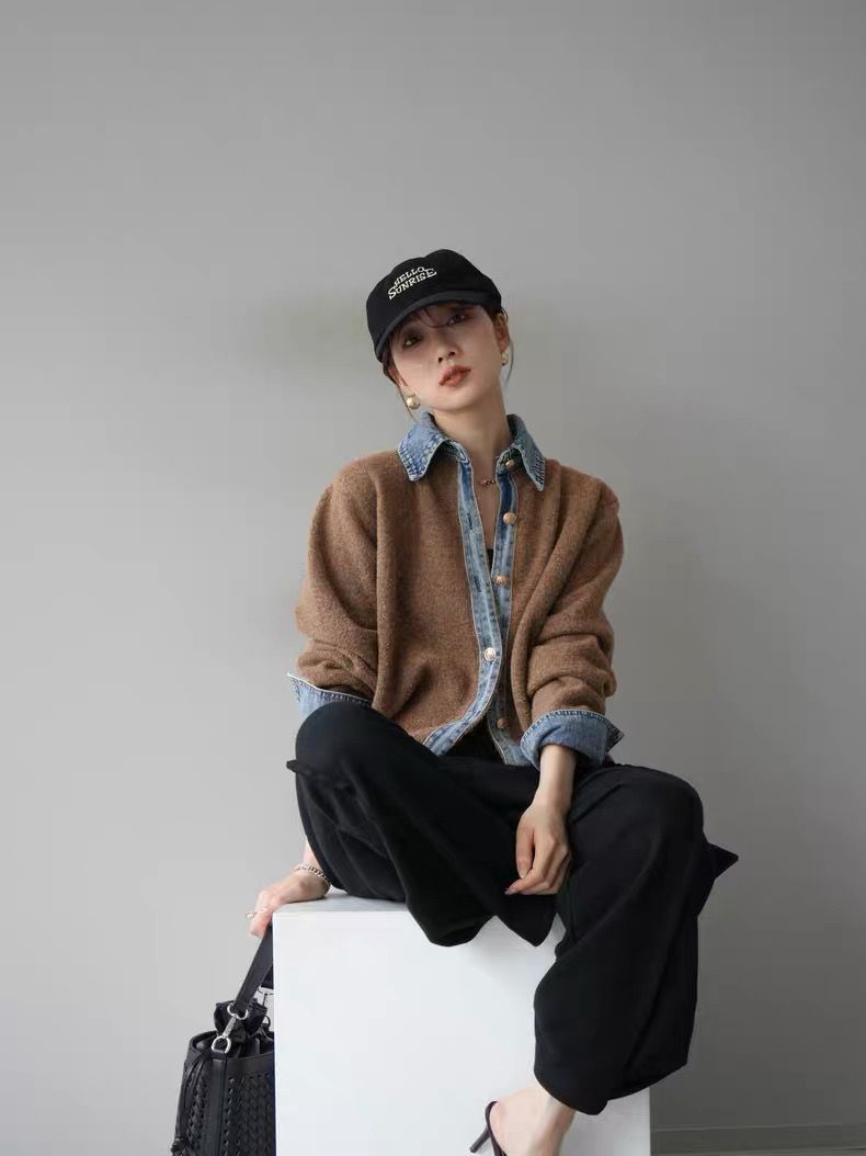 モード系ファッション【デニムレイヤード風】フェイクシャツ切替ニットトップス／モードカジュアルに映える異素材ミックス