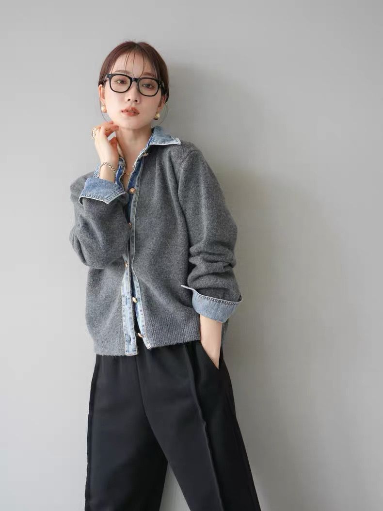 モード系ファッション【デニムレイヤード風】フェイクシャツ切替ニットトップス／モードカジュアルに映える異素材ミックス