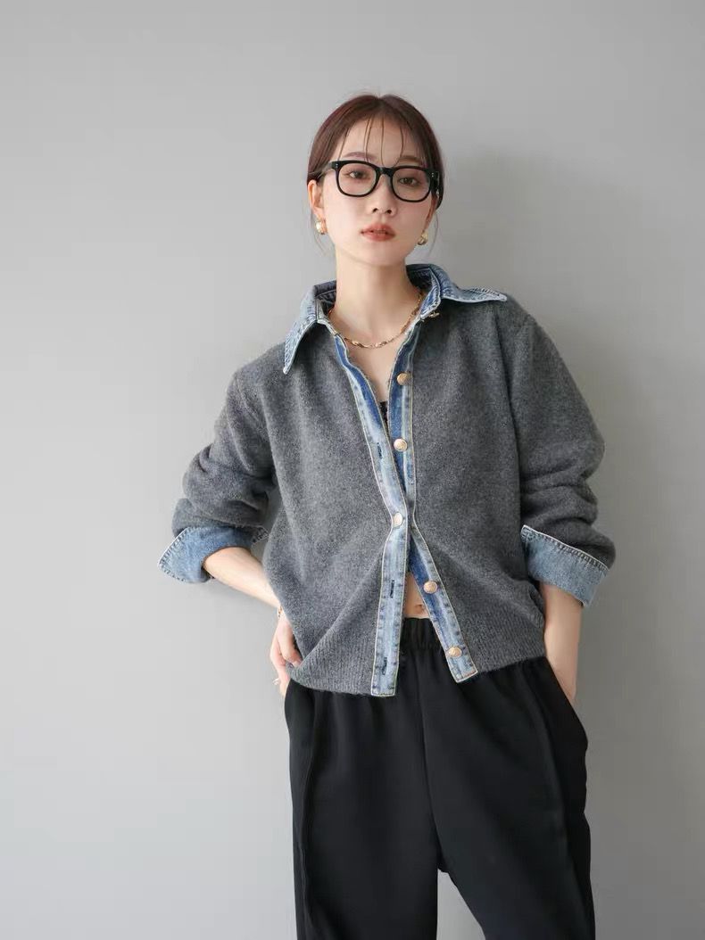 モード系ファッション【デニムレイヤード風】フェイクシャツ切替ニットトップス／モードカジュアルに映える異素材ミックス