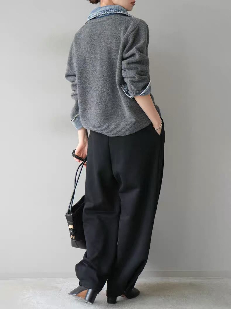 モード系ファッション【デニムレイヤード風】フェイクシャツ切替ニットトップス／モードカジュアルに映える異素材ミックス