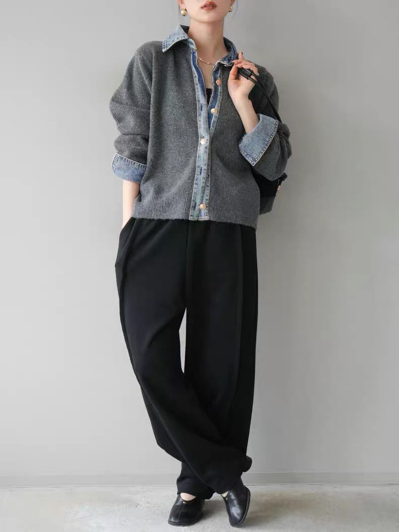 モード系ファッション【デニムレイヤード風】フェイクシャツ切替ニットトップス／モードカジュアルに映える異素材ミックス