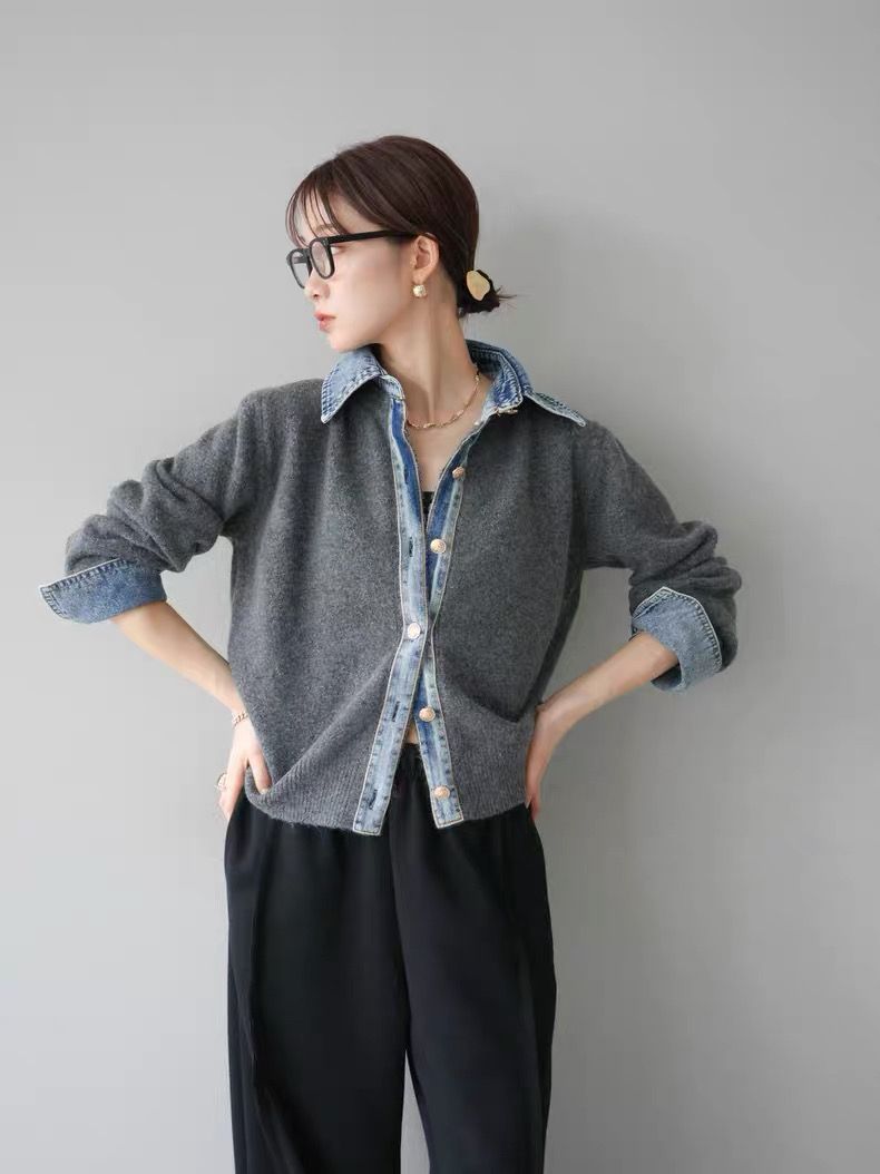 モード系ファッション【デニムレイヤード風】フェイクシャツ切替ニットトップス／モードカジュアルに映える異素材ミックス