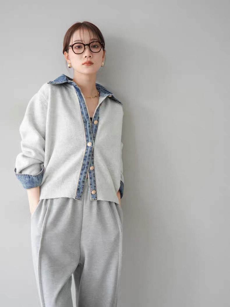 モード系ファッション【デニムレイヤード風】フェイクシャツ切替ニットトップス／モードカジュアルに映える異素材ミックス