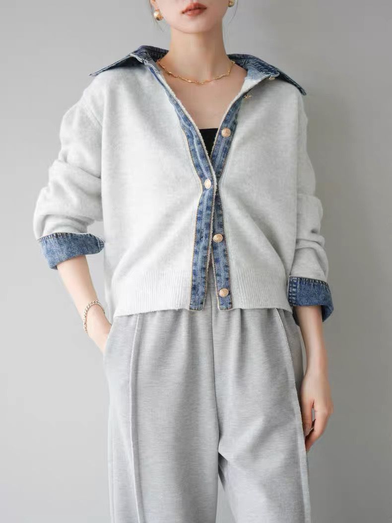 モード系ファッション【デニムレイヤード風】フェイクシャツ切替ニットトップス／モードカジュアルに映える異素材ミックス