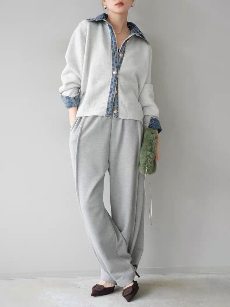 モード系ファッション【デニムレイヤード風】フェイクシャツ切替ニットトップス／モードカジュアルに映える異素材ミックス