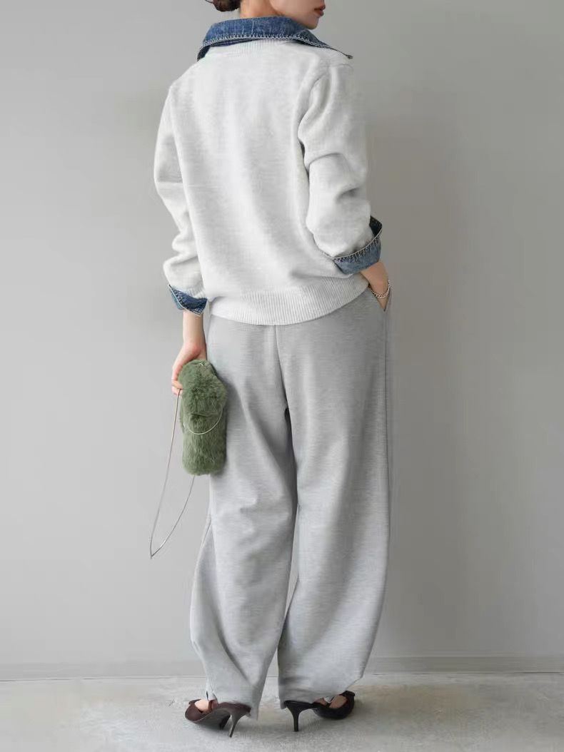 モード系ファッション【デニムレイヤード風】フェイクシャツ切替ニットトップス／モードカジュアルに映える異素材ミックス