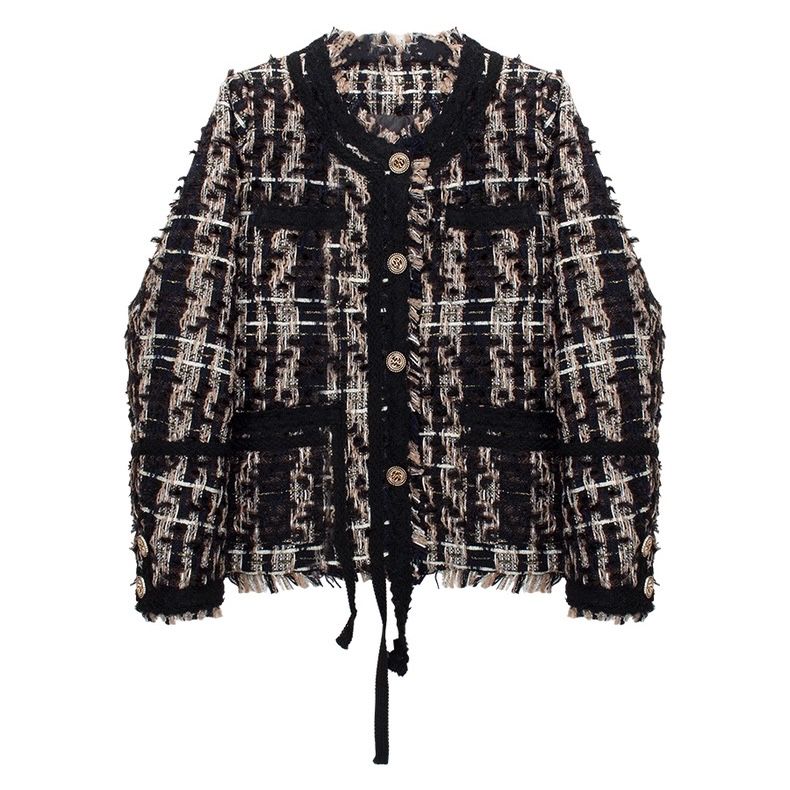 モード系ファッション【S〜L対応】金ボタンツイードショートジャケット／ダウン風中綿入りショート丈アウター