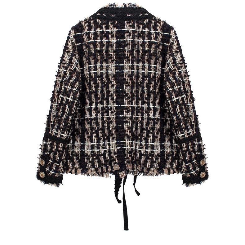 モード系ファッション【S〜L対応】金ボタンツイードショートジャケット／ダウン風中綿入りショート丈アウター