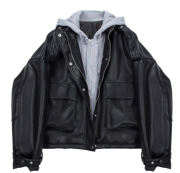 モード系ファッション 春夏【S〜M対応】フェイクレイヤード仕様 フーディ付きフェイクレザーブルゾン