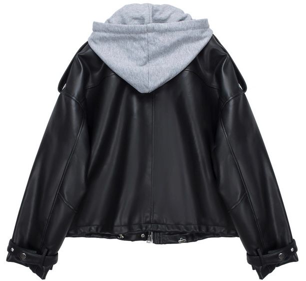 モード系ファッション 春夏【S〜M対応】フェイクレイヤード仕様 フーディ付きフェイクレザーブルゾン