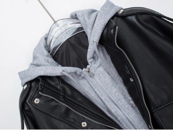 モード系ファッション 春夏【S〜M対応】フェイクレイヤード仕様 フーディ付きフェイクレザーブルゾン