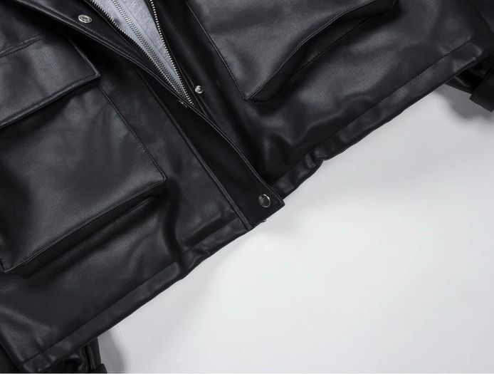 モード系ファッション 春夏【S〜M対応】フェイクレイヤード仕様 フーディ付きフェイクレザーブルゾン