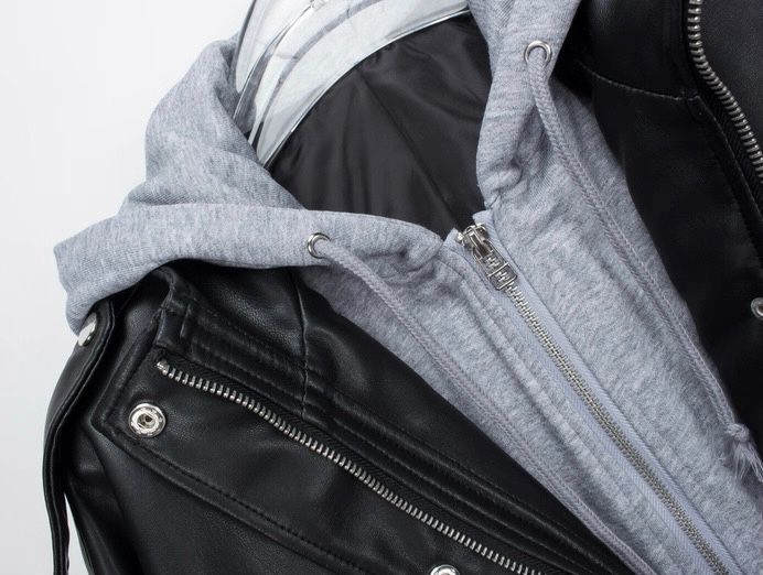 モード系ファッション 春夏【S〜M対応】フェイクレイヤード仕様 フーディ付きフェイクレザーブルゾン