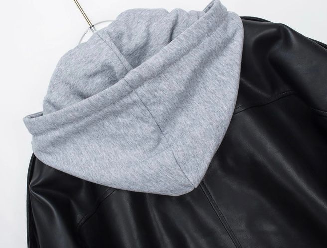 モード系ファッション 春夏【S〜M対応】フェイクレイヤード仕様 フーディ付きフェイクレザーブルゾン