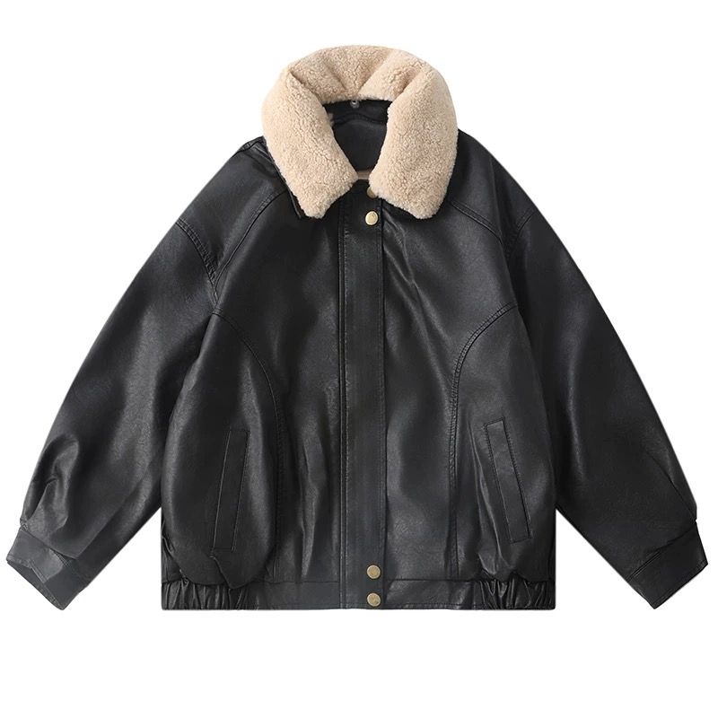 モード系ファッション【S〜M対応】フェイクムートン襟付きレザーショートジャケット