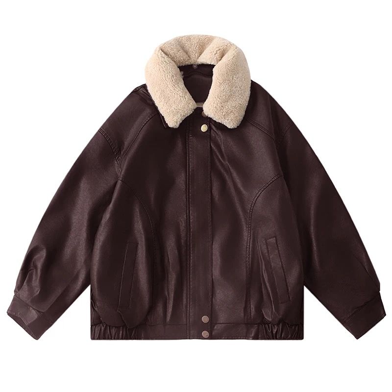 モード系ファッション【S〜M対応】フェイクムートン襟付きレザーショートジャケット