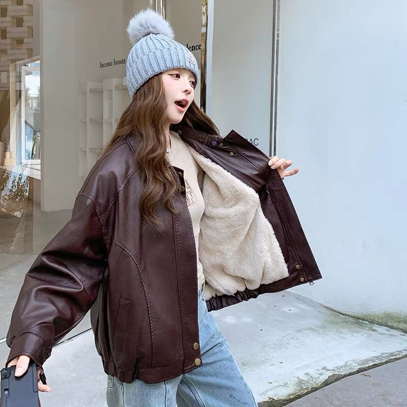 モード系ファッション【S〜M対応】フェイクムートン襟付きレザーショートジャケット