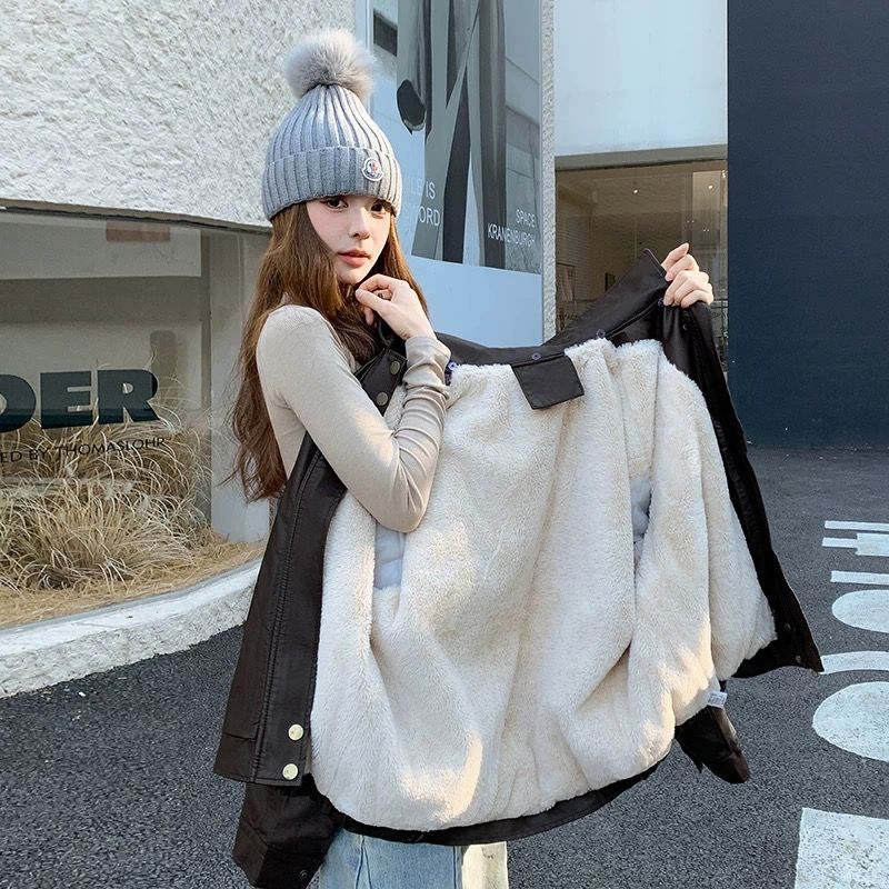 モード系ファッション【S〜M対応】フェイクムートン襟付きレザーショートジャケット