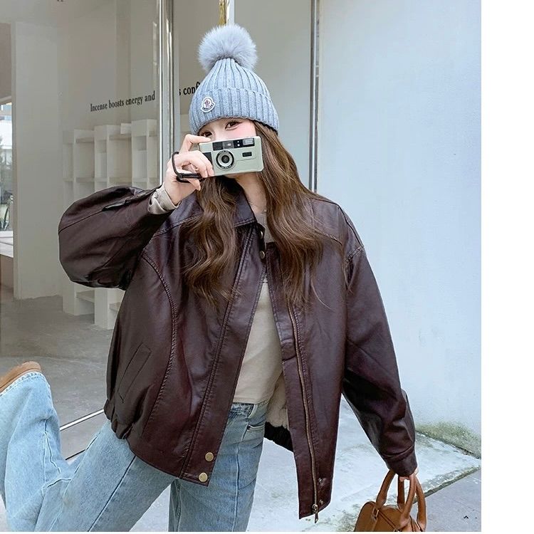 モード系ファッション【S〜M対応】フェイクムートン襟付きレザーショートジャケット