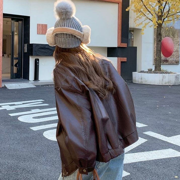 モード系ファッション【S〜M対応】フェイクムートン襟付きレザーショートジャケット