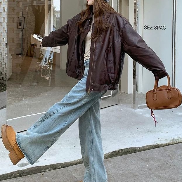 モード系ファッション【S〜M対応】フェイクムートン襟付きレザーショートジャケット