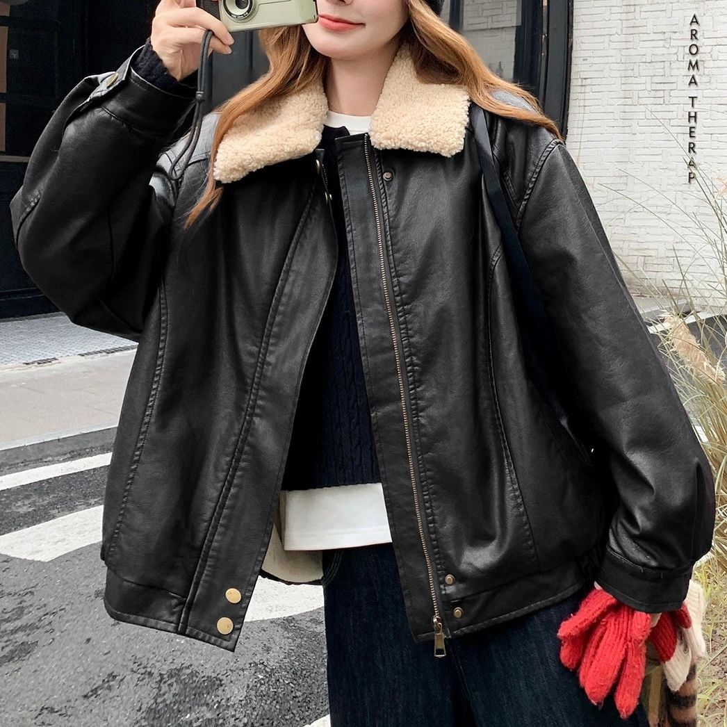 モード系ファッション【S〜M対応】フェイクムートン襟付きレザーショートジャケット
