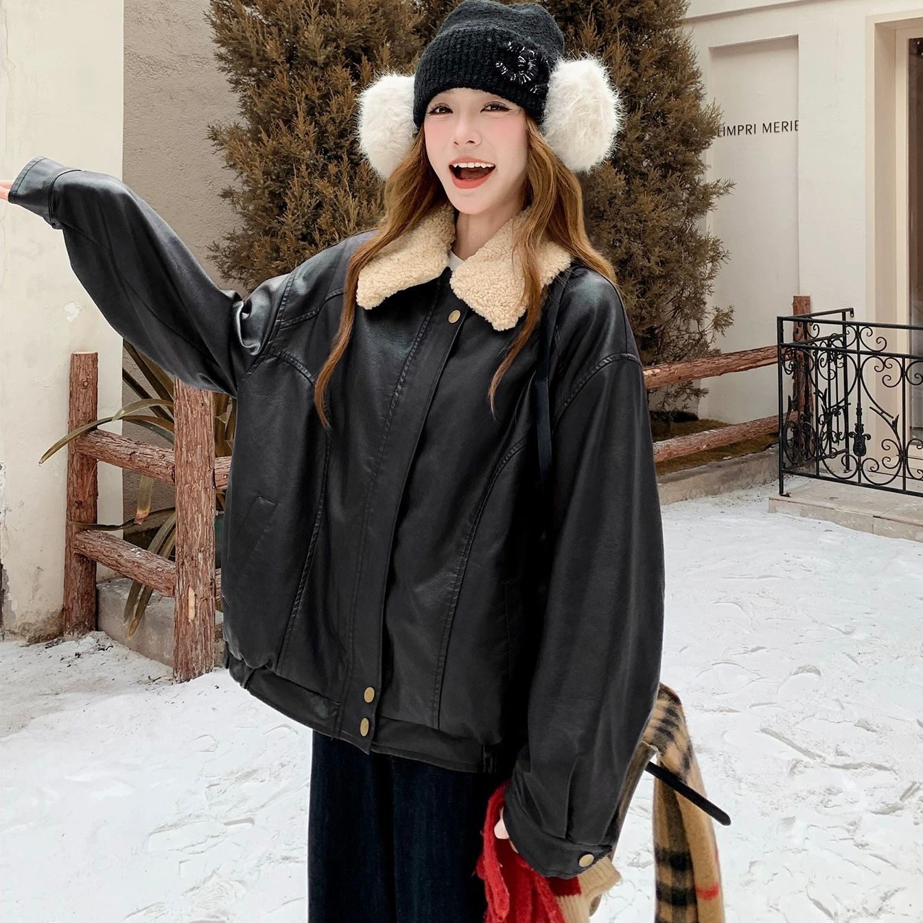 モード系ファッション【S〜M対応】フェイクムートン襟付きレザーショートジャケット