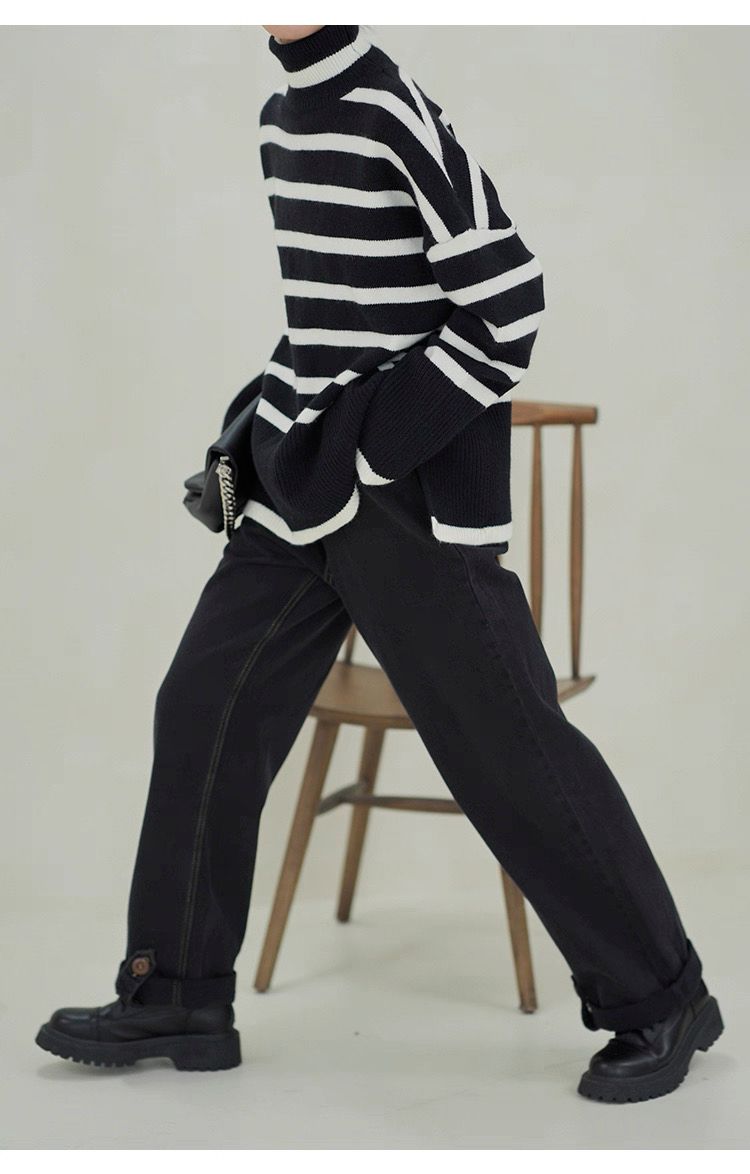 モード系ファッション【ハイネック×ワイドシルエット】モード配色ボーダーニットトップス（M）