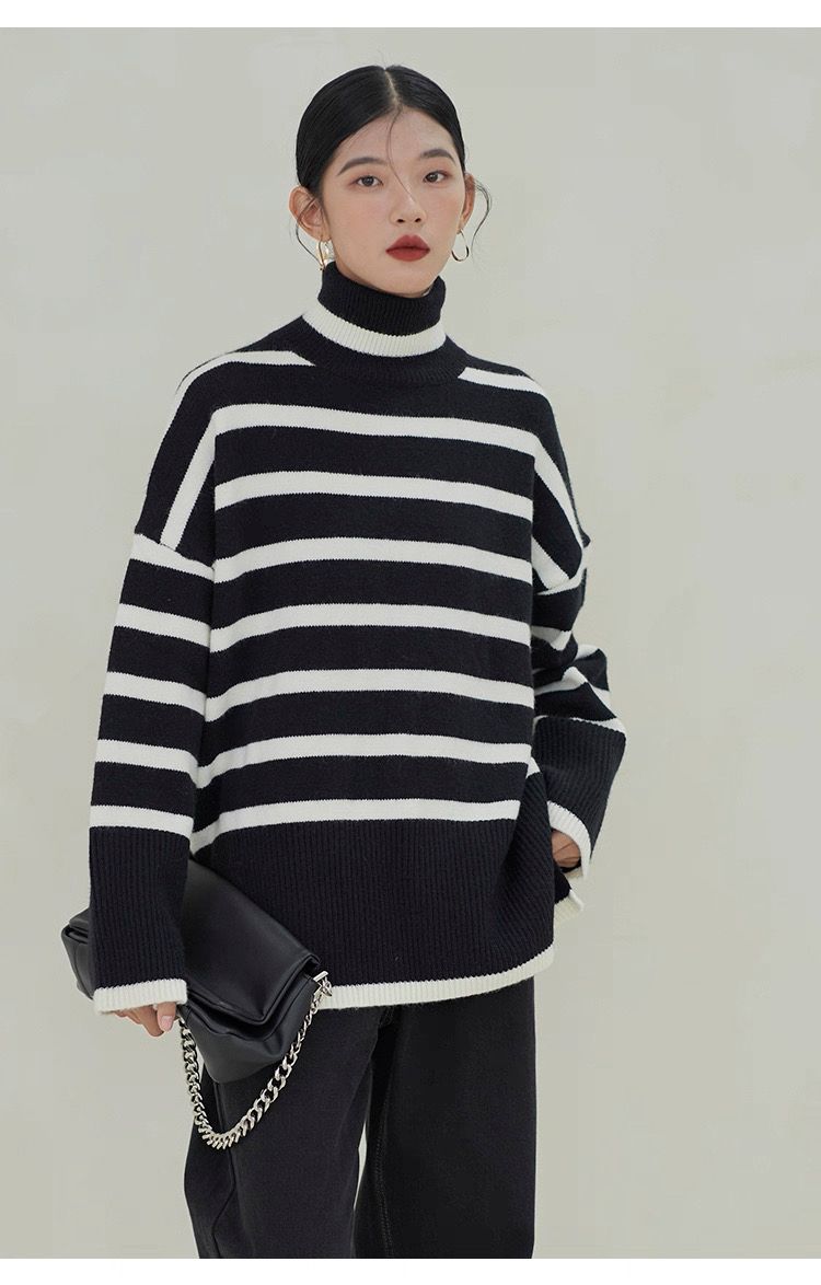 モード系ファッション【ハイネック×ワイドシルエット】モード配色ボーダーニットトップス（M）