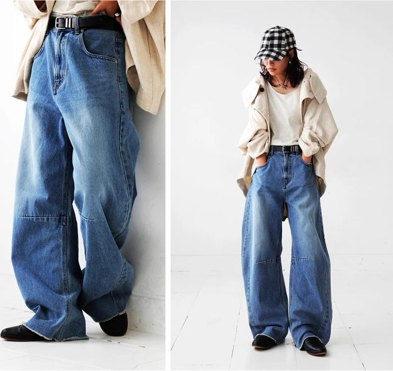 モード系ファッション【M〜XL対応】立体ワイドシルエット・ヴィンテージウォッシュデニムパンツ