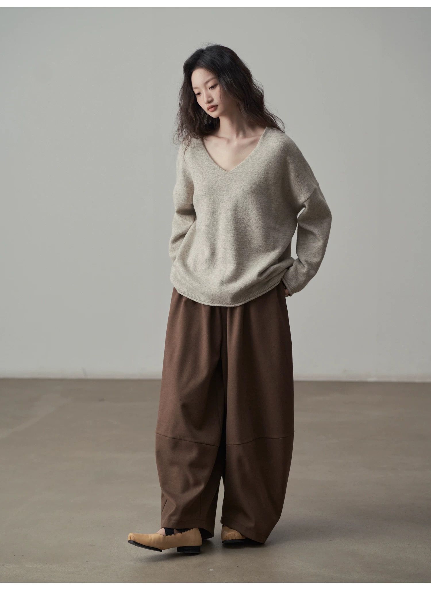 モード系ファッション【フリーサイズ】ふんわり丸みシルエットワイドパンツ／カフェブラウン