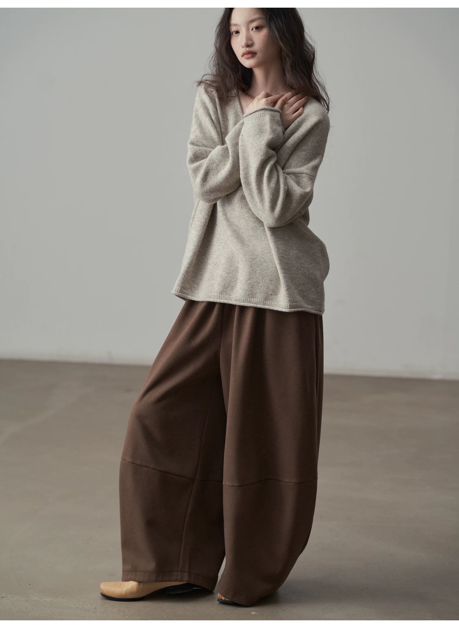 モード系ファッション【フリーサイズ】ふんわり丸みシルエットワイドパンツ／カフェブラウン