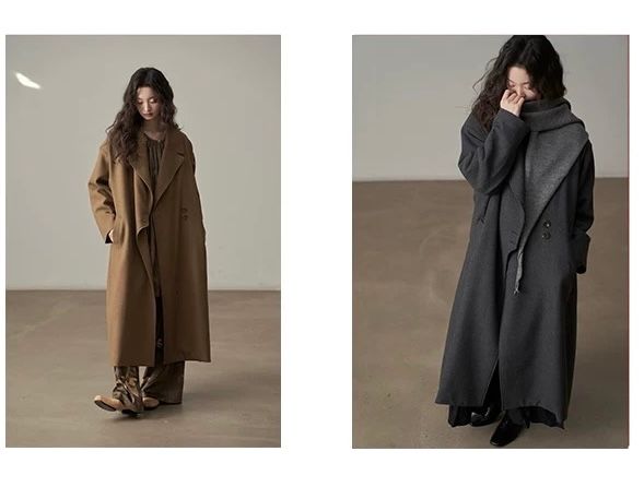 モード系ファッション 【2色展開】立体ラペルのロングウールライクコート｜深灰／キャメル