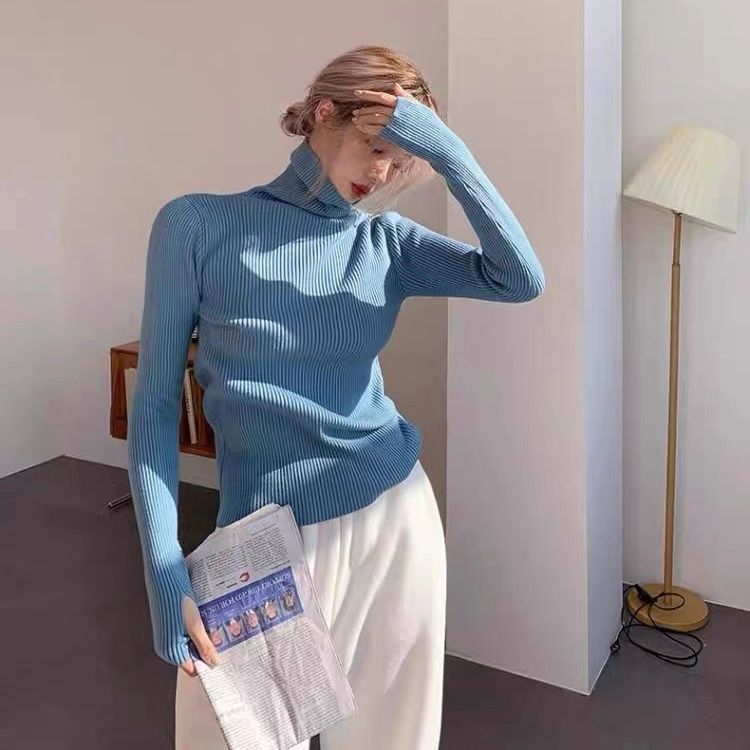 モード系 【白・ブラック・ブルー・グリーン】指穴付きハイネックリブニットトップス