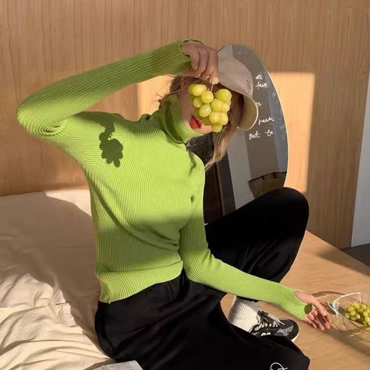 モード系 【白・ブラック・ブルー・グリーン】指穴付きハイネックリブニットトップス