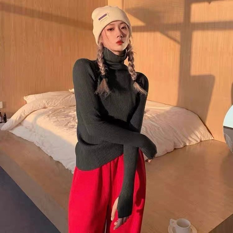 モード系 【白・ブラック・ブルー・グリーン】指穴付きハイネックリブニットトップス