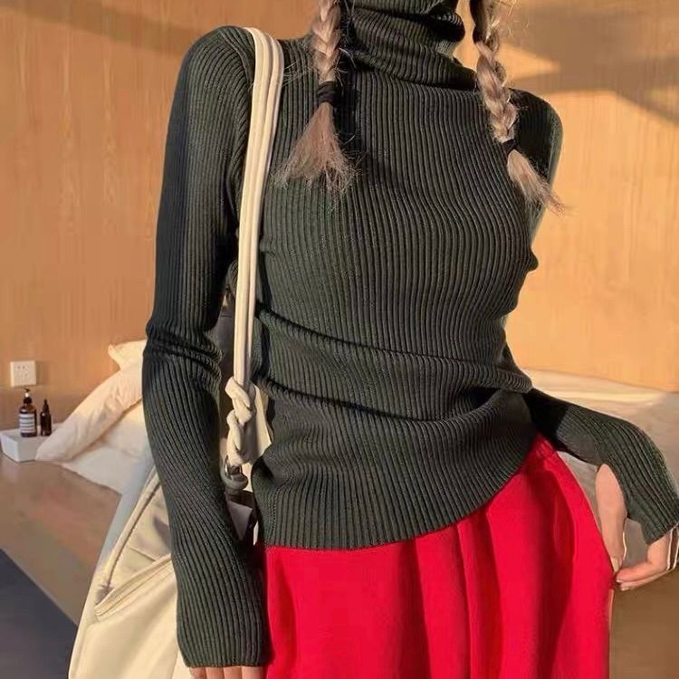 モード系 【白・ブラック・ブルー・グリーン】指穴付きハイネックリブニットトップス