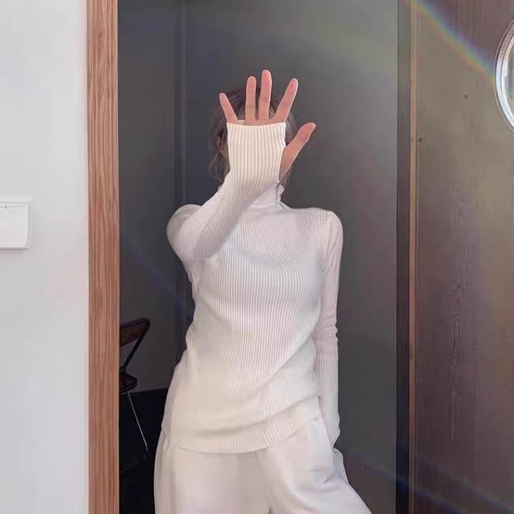 モード系 【白・ブラック・ブルー・グリーン】指穴付きハイネックリブニットトップス