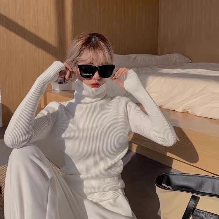 モード系 【白・ブラック・ブルー・グリーン】指穴付きハイネックリブニットトップス