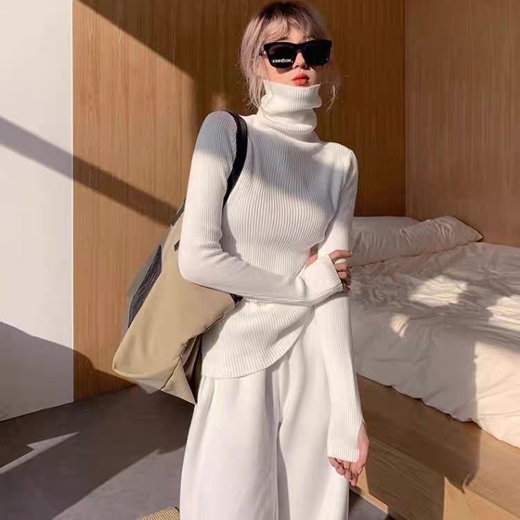 モード系 【白・ブラック・ブルー・グリーン】指穴付きハイネックリブニットトップス