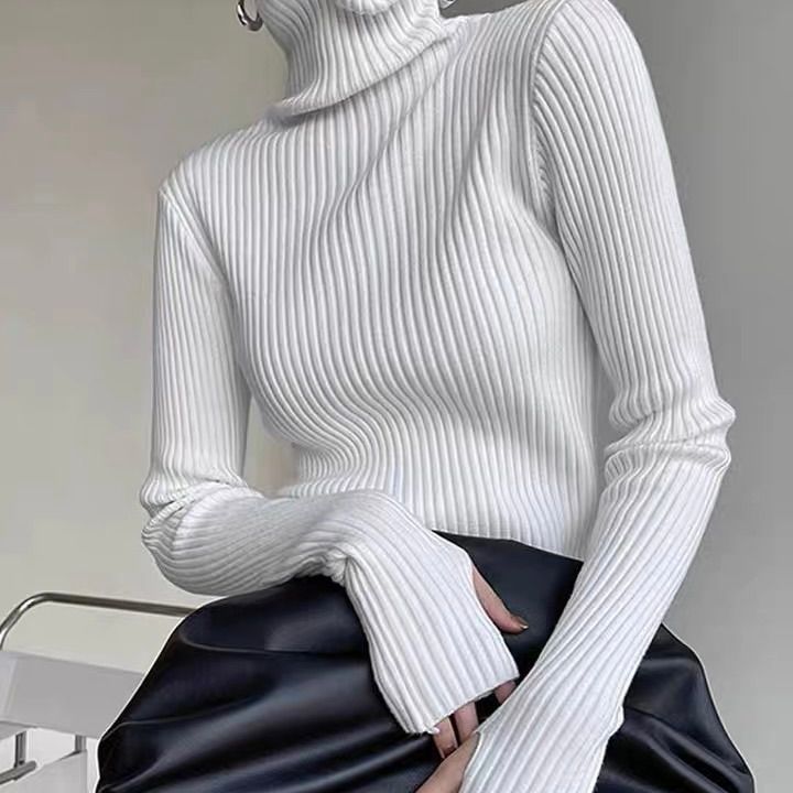 モード系 【白・ブラック・ブルー・グリーン】指穴付きハイネックリブニットトップス