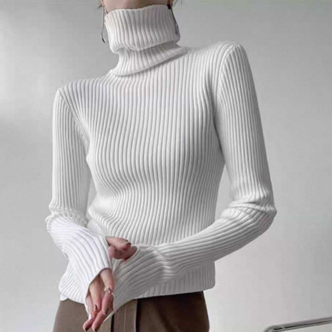 モード系 【白・ブラック・ブルー・グリーン】指穴付きハイネックリブニットトップス