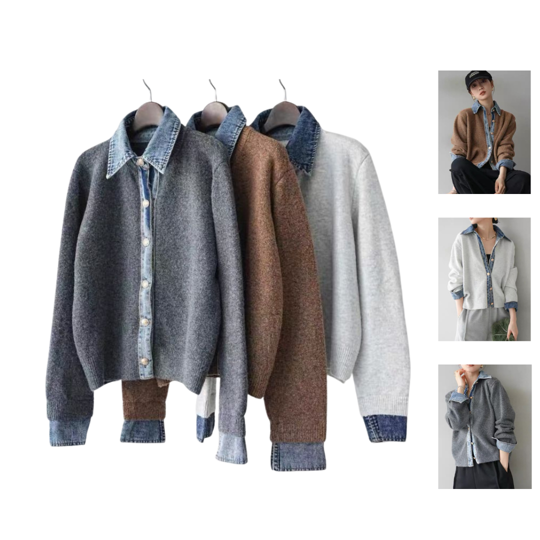 モード系ファッション【デニムレイヤード風】フェイクシャツ切替ニットトップス／モードカジュアルに映える異素材ミックス