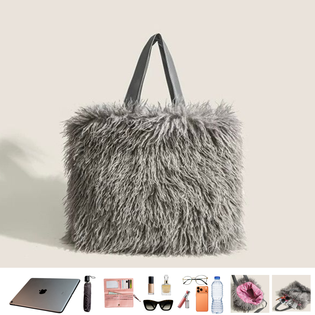 モード系ファッション【大容量×ふわモード】フェイクファーショルダーバッグ（グレー）