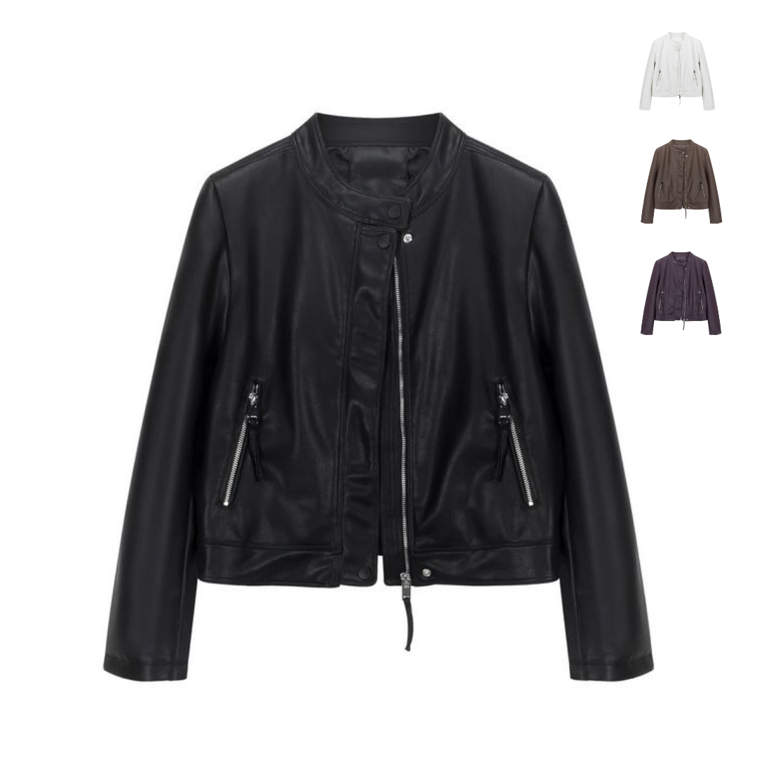 モード系ファッション【S〜XL対応】春秋スタンドカラーPUレザージャケット｜艶とハリで仕立てるミニマルモードアウター