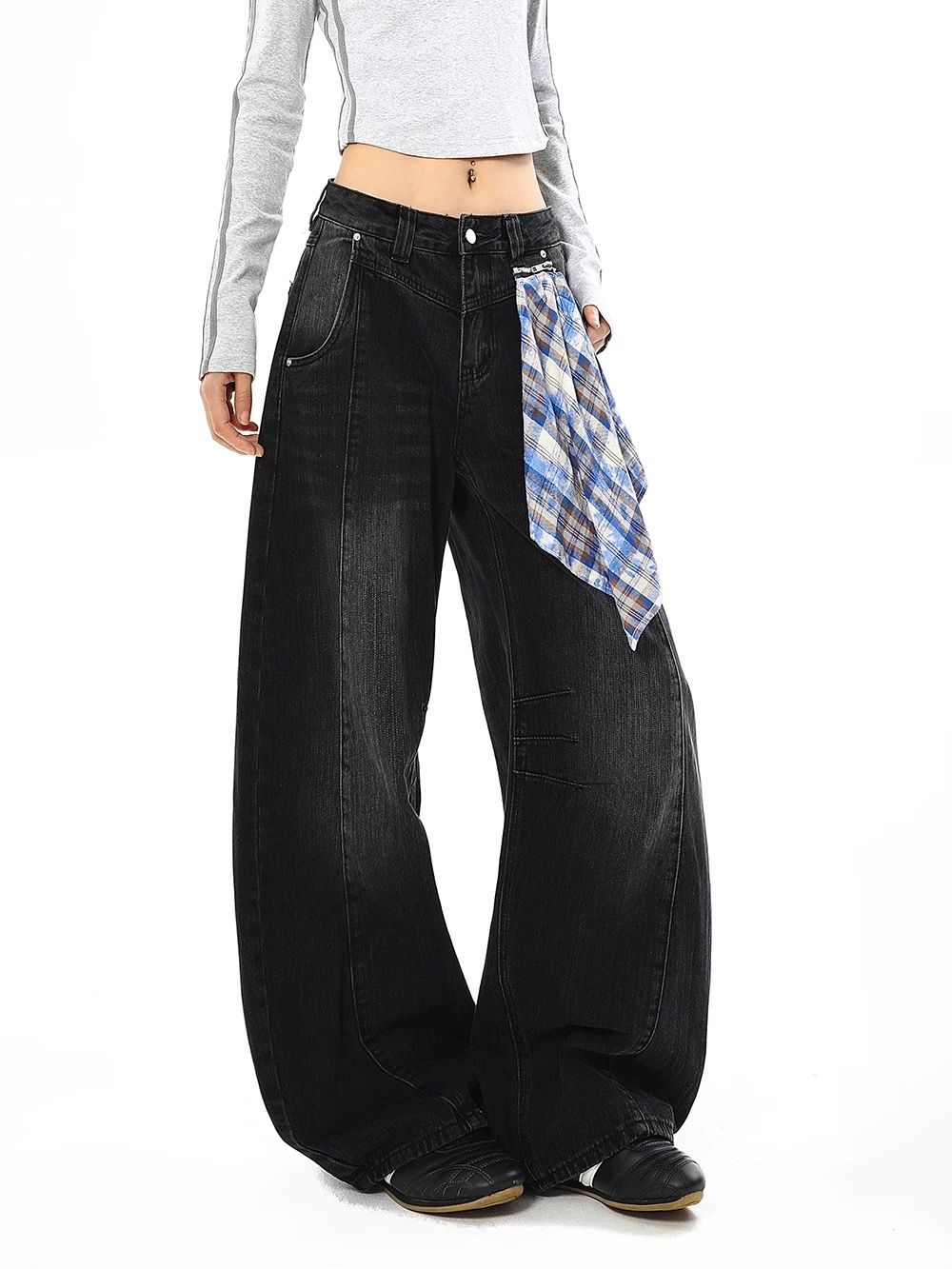 モード系 【ブラック】ワイドバルーンデニム × 取り外しチェックスカート付き（ユニセックス）