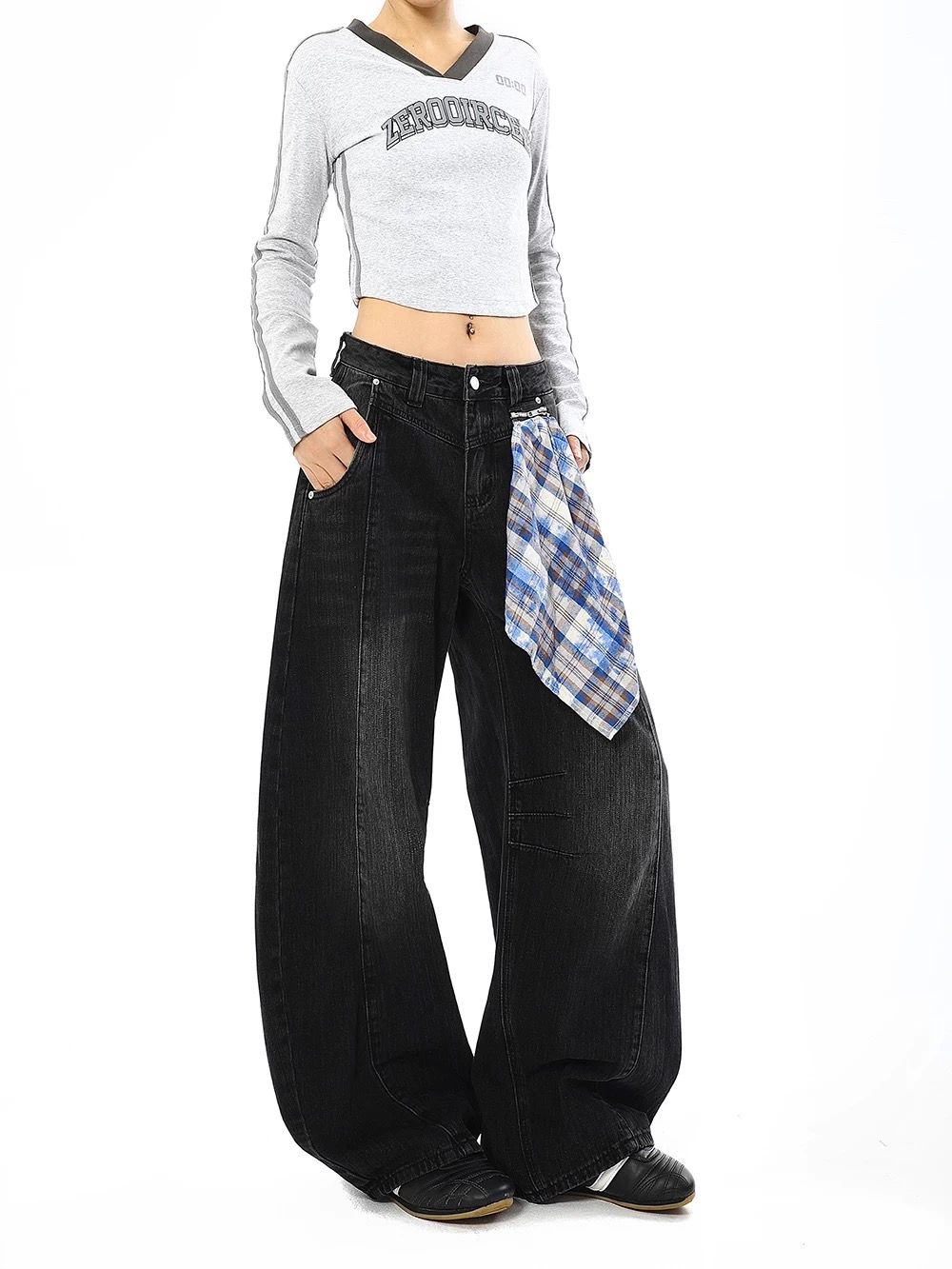 モード系 【ブラック】ワイドバルーンデニム × 取り外しチェックスカート付き（ユニセックス）