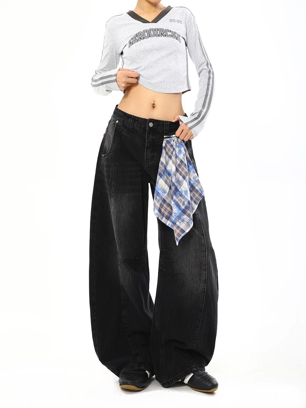 モード系 【ブラック】ワイドバルーンデニム × 取り外しチェックスカート付き（ユニセックス）