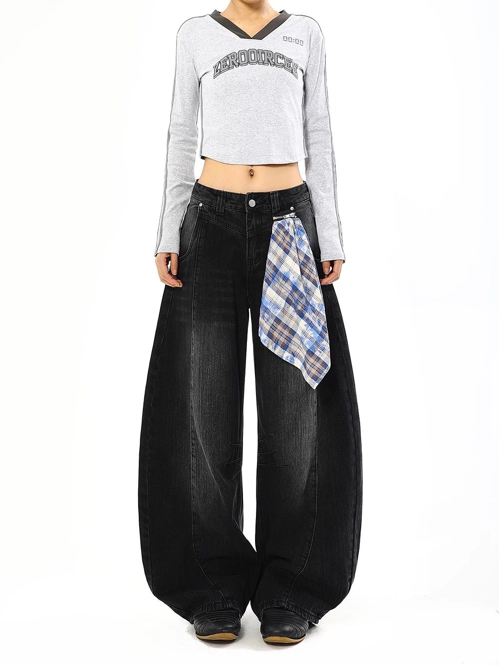 モード系 【ブラック】ワイドバルーンデニム × 取り外しチェックスカート付き（ユニセックス）