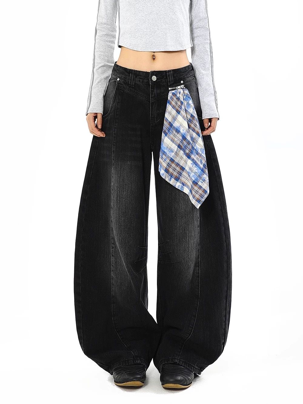 モード系 【ブラック】ワイドバルーンデニム × 取り外しチェックスカート付き（ユニセックス）